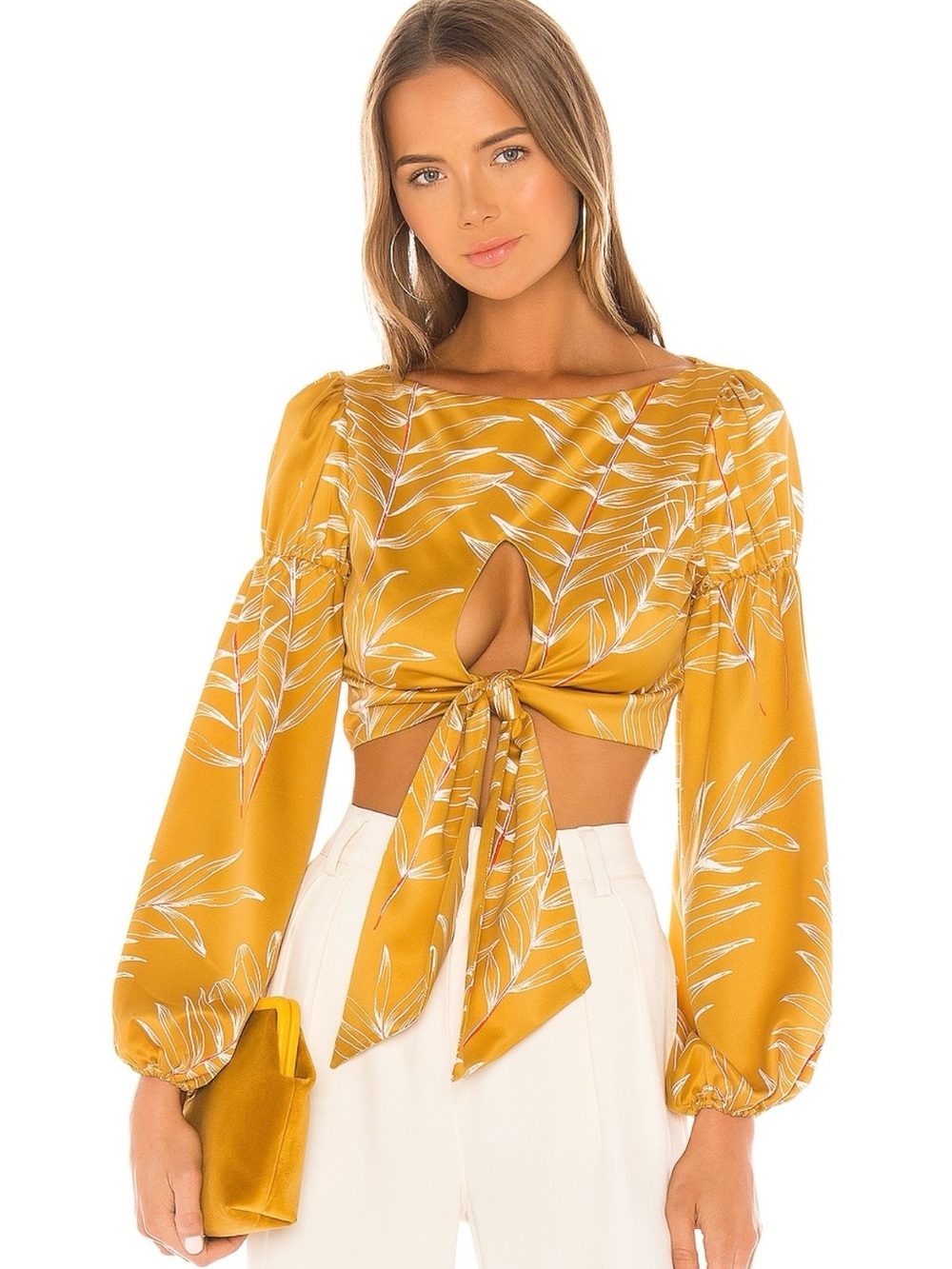 Camila Coelho Mustard Leaf-Print Tie-Front Crop Top Blouse